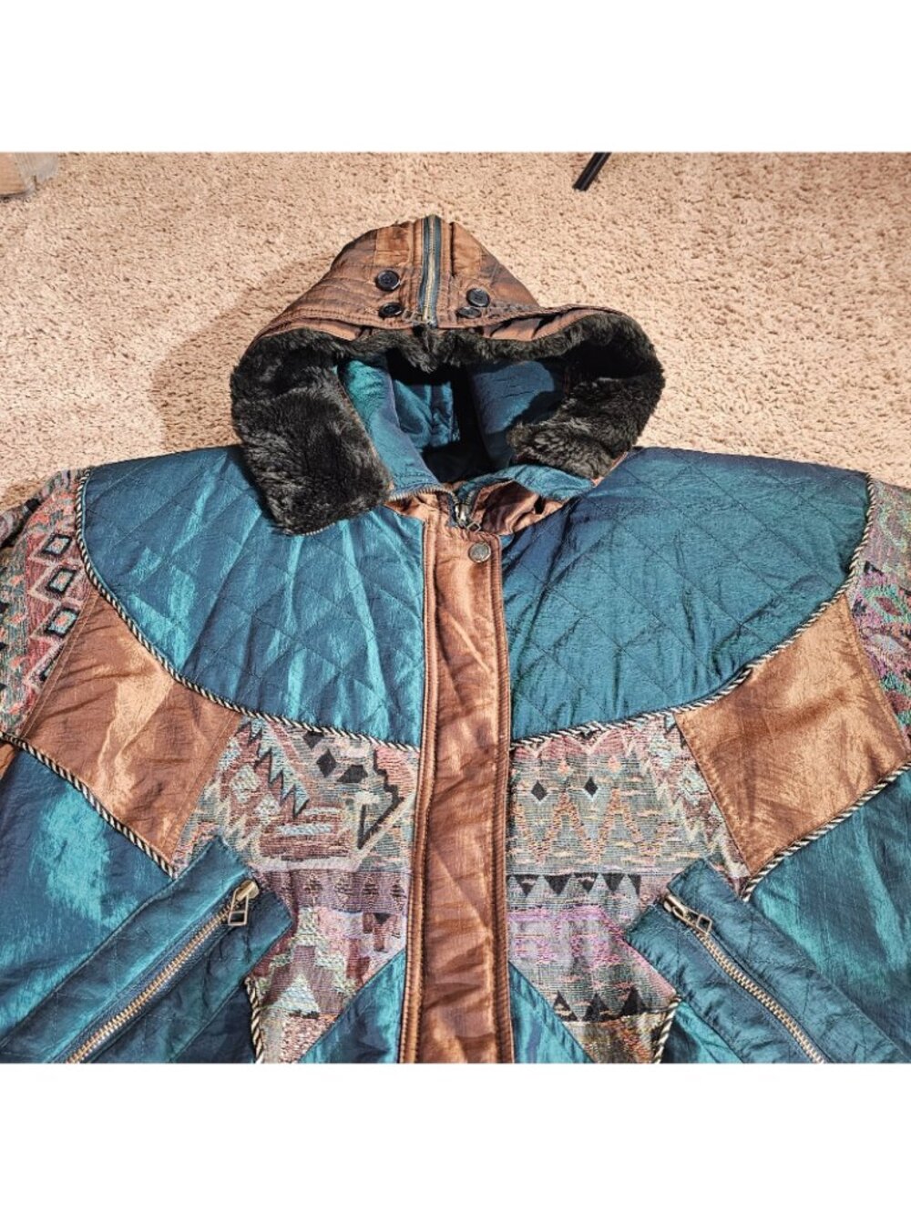Vintage East West Coat Womens M Quilted Hood Faux Fur Trim Jacket Boho Y2K - Picture 10 of 14